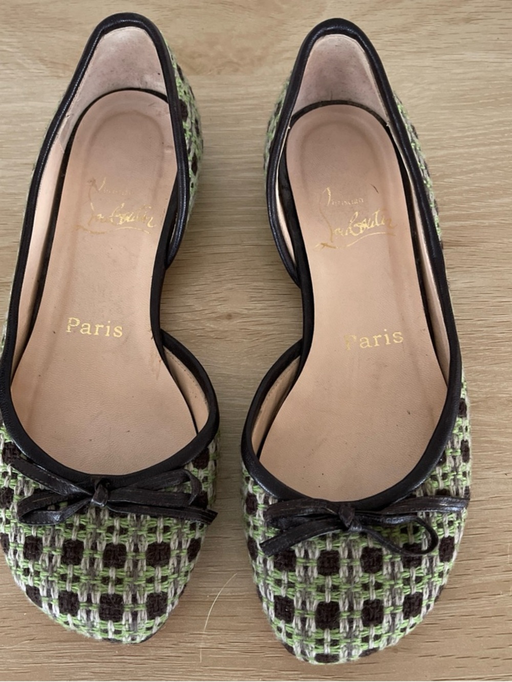 Christian Louboutin Green & Brown Tweed Flats Shoes 35.5/5.5